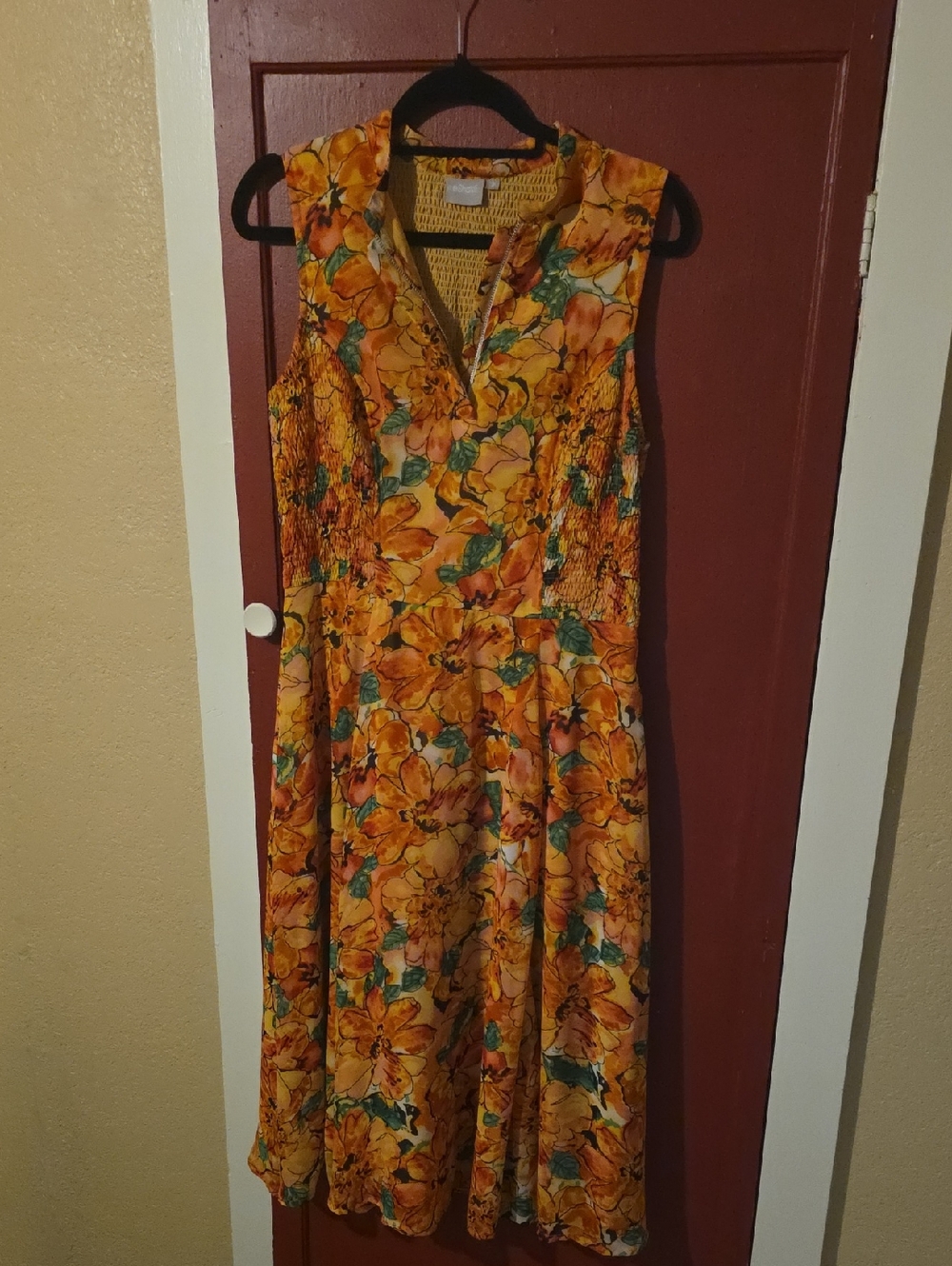 eshakti Orange Floral Midi Dress with Green Accents